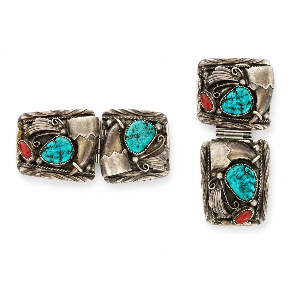 Vintage Navajo Sterling Silver Turquoise Coral Bear Claw Watch Band Old Pawn DDC